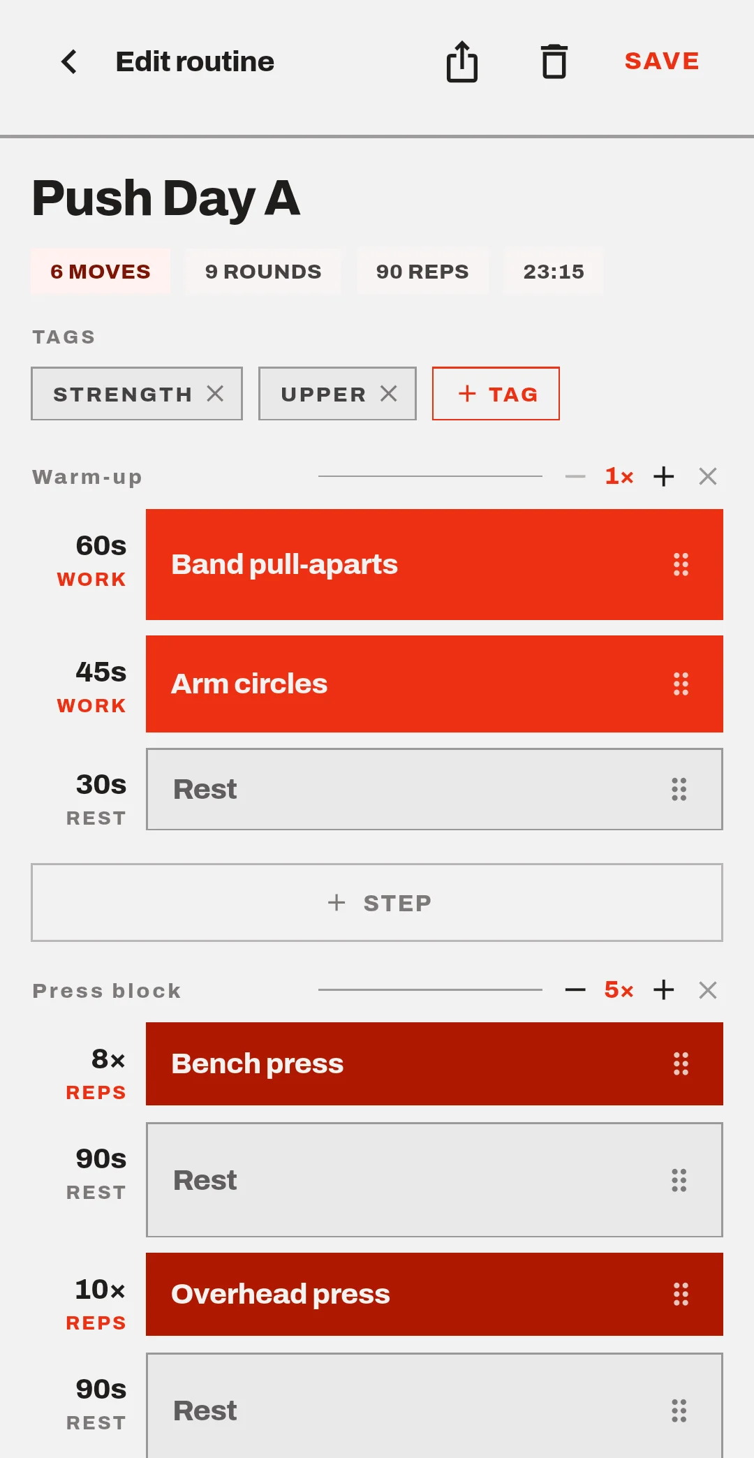 The routine builder, with a warm-up block and a five-round press block.