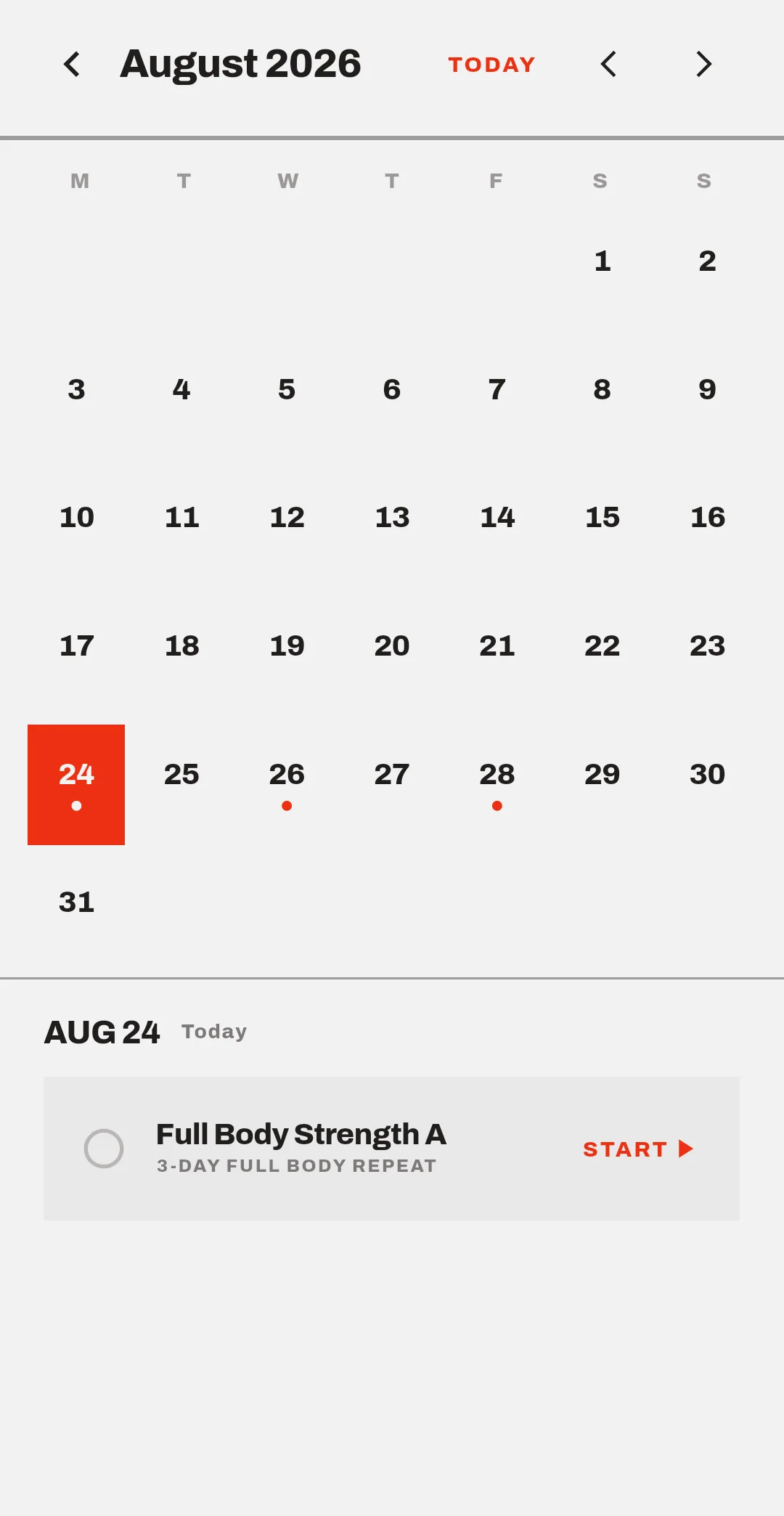 A month calendar with scheduled sessions marked, and today's session ready to start.