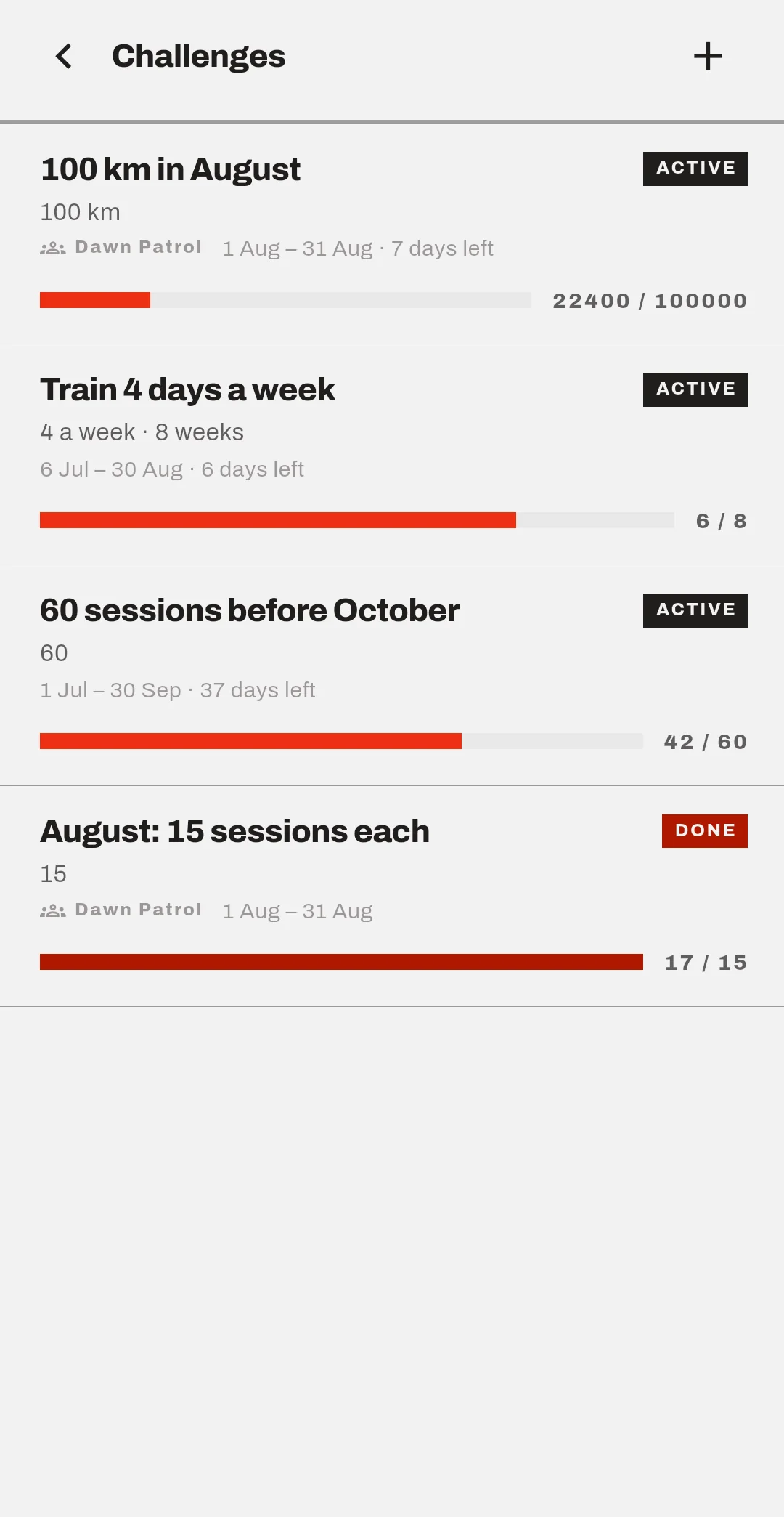 A challenges list: a distance target, a four-days-a-week target, a session count, and one already done.
