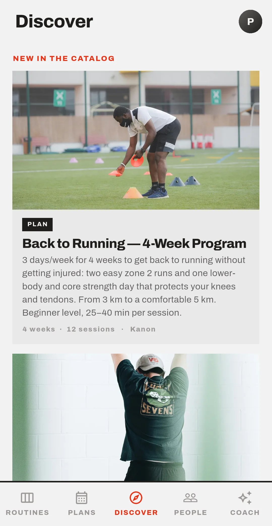 The Discover catalog, showing a four-week back-to-running plan with a cover photo.
