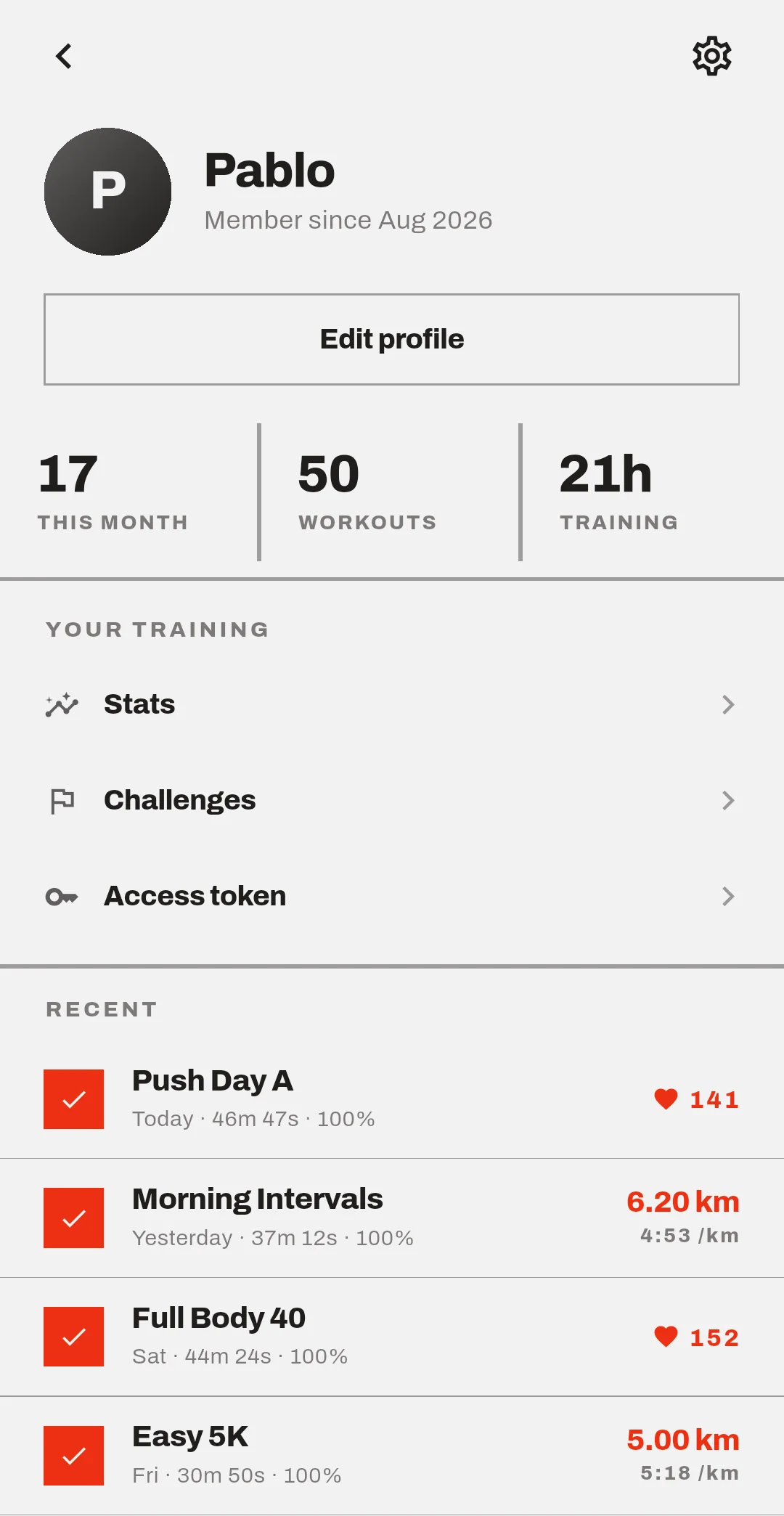 A profile screen with monthly and lifetime totals and a list of recent sessions.