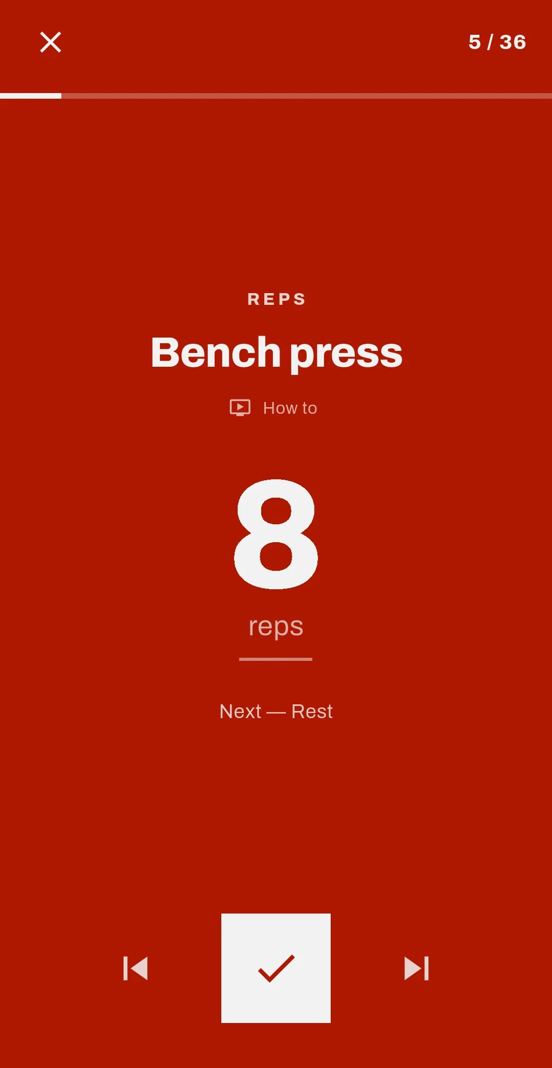 The player on a rep-based step, showing eight reps and a button to mark the set done.