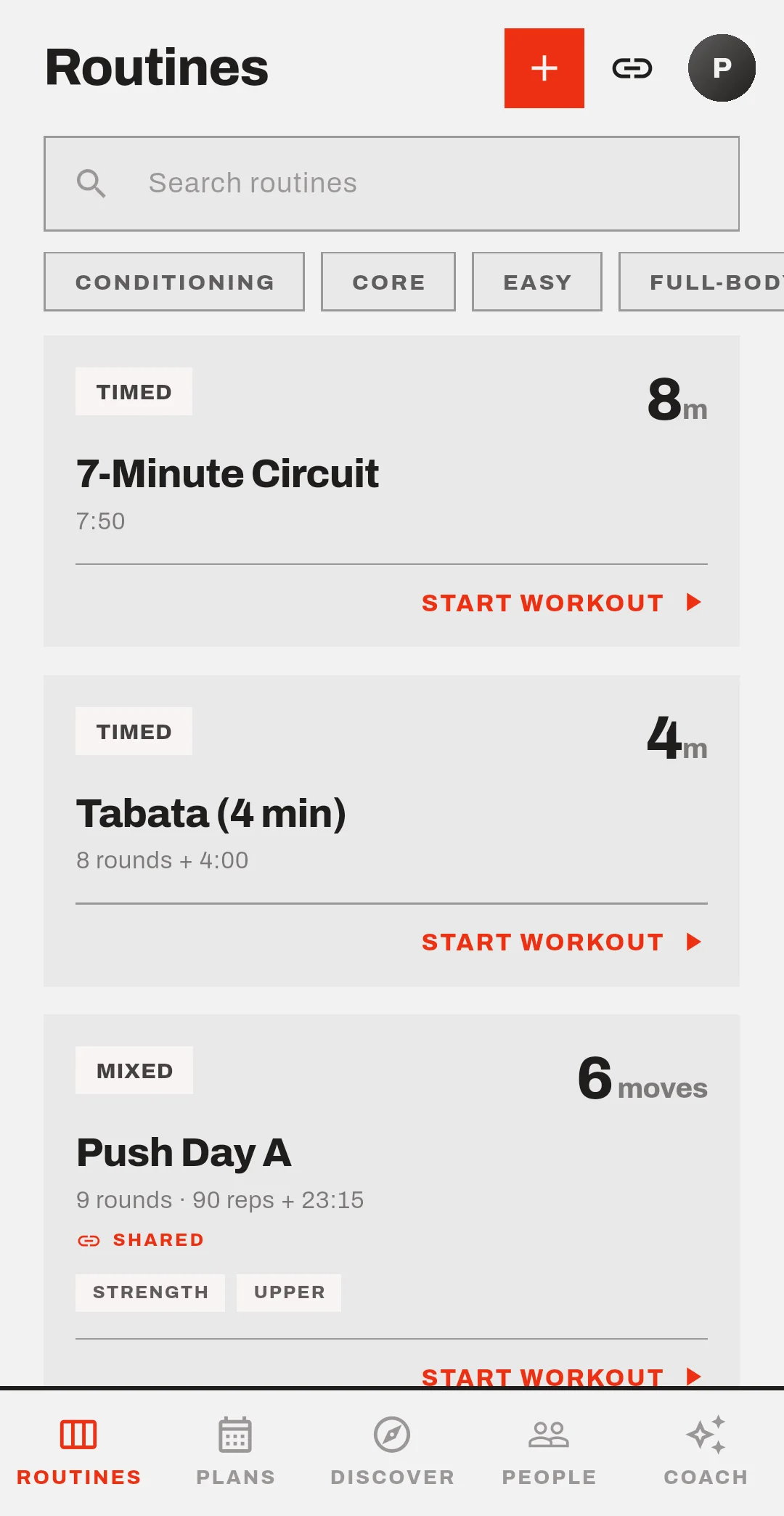 The routine library, with tag filters and a shared routine marked with a link badge.